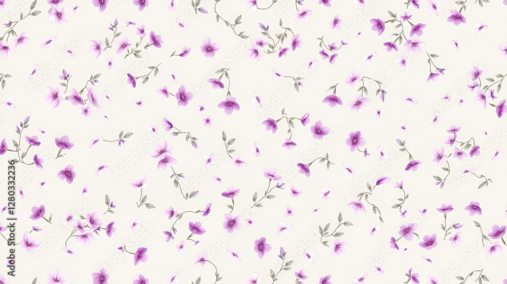 Seamless Purple Flower Pattern with Leaves on White Background Seamless Purple Flower Pattern with Leaves on White Background