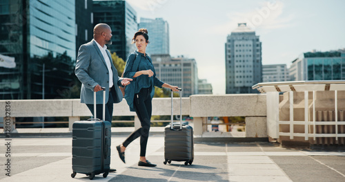 Принти на полотні Professional, walking and business people with suitcase in city for travel, work trip and commute to conference