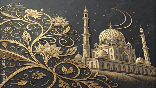 Exquisite Golden Filigree Pattern on a Deep Charcoal Background with Ornate Details sophisticated and intricate golden filigree design gracefully spread across a rich charcoal  photo