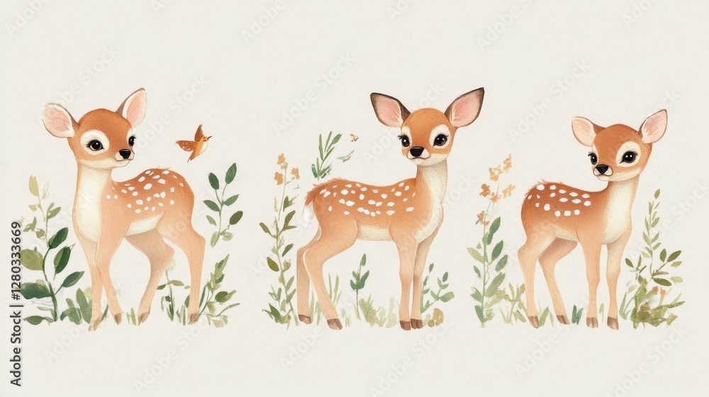 Fototapeta premium Three Adorable Fawn Deer in Watercolor Style Amidst Lush Greenery