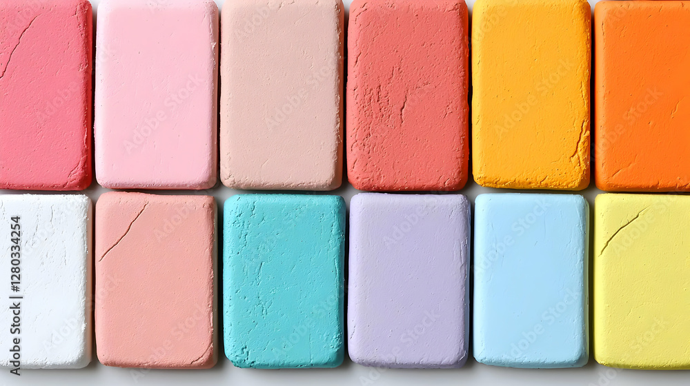 Colorful pastel crayons arranged on white background, art supplies Colorful pastel crayons arranged on white background, art supplies