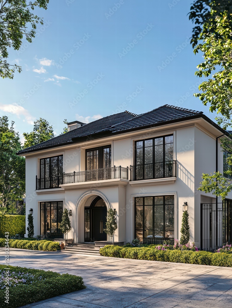 Luxury Residence Amidst Verdant Landscape: A magnificent architectural marvel, showcasing an elegant facade, large windows, and meticulous landscaping set against a backdrop of a brilliant blue sky.