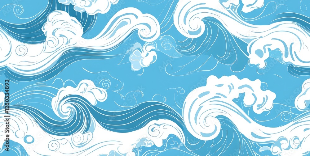 Set of cartoon waves isolated on a light blue background, vector illustration design with white color and black outline. Japanese sea wave clip art collection.