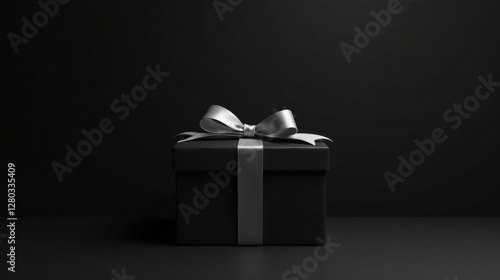 A luxuriously simple black gift box adorned with a refined silver ribbon, elegantly presented against a dark background, perfect for sophisticated gifting occasions.