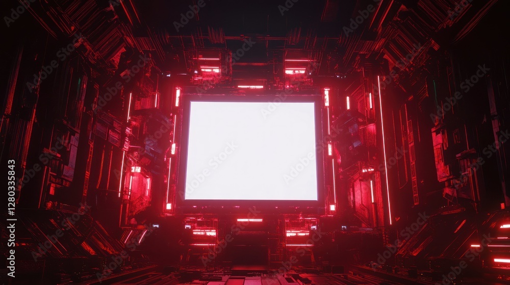 Obraz premium Futuristic digital space with glowing red lights surrounding a blank screen in a tech environment