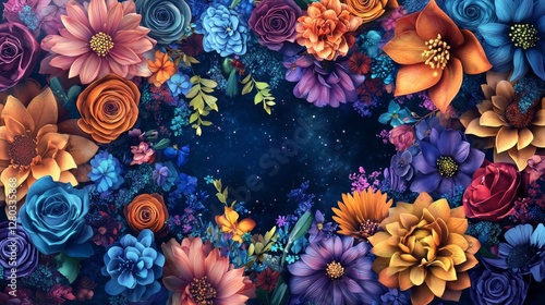 Wallpaper Mural Vibrant Floral Frame with Colorful Flowers in Various Shades and Textures Surrounding a Dark Background Torontodigital.ca