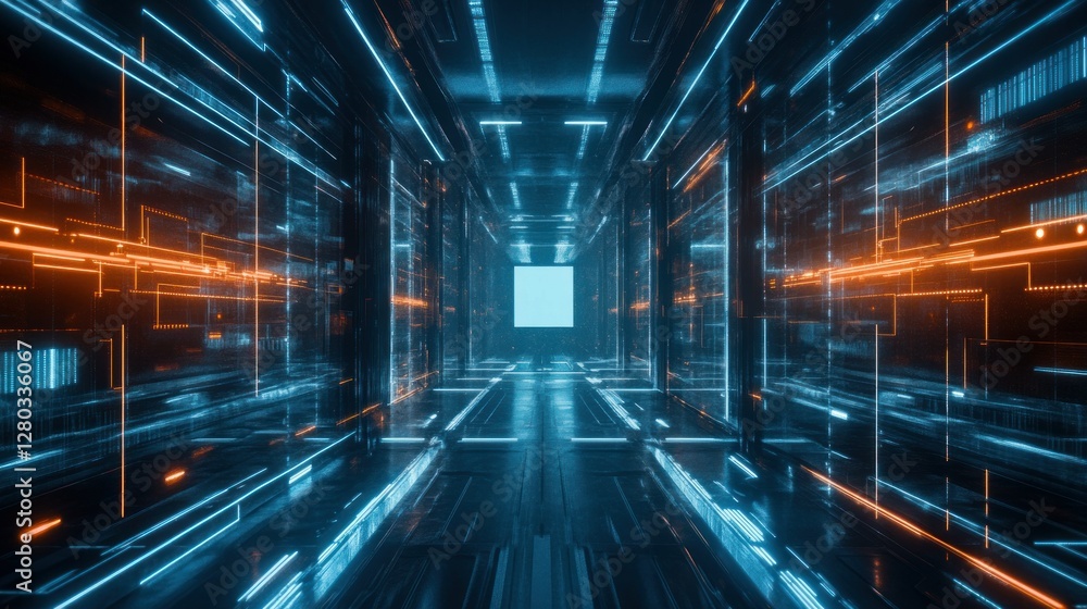 Fototapeta premium Futuristic corridor with glowing lines and a bright square at the end, showcasing advanced technology