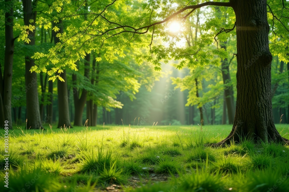 Obraz premium Sunlight shines through trees in a beautiful green forest