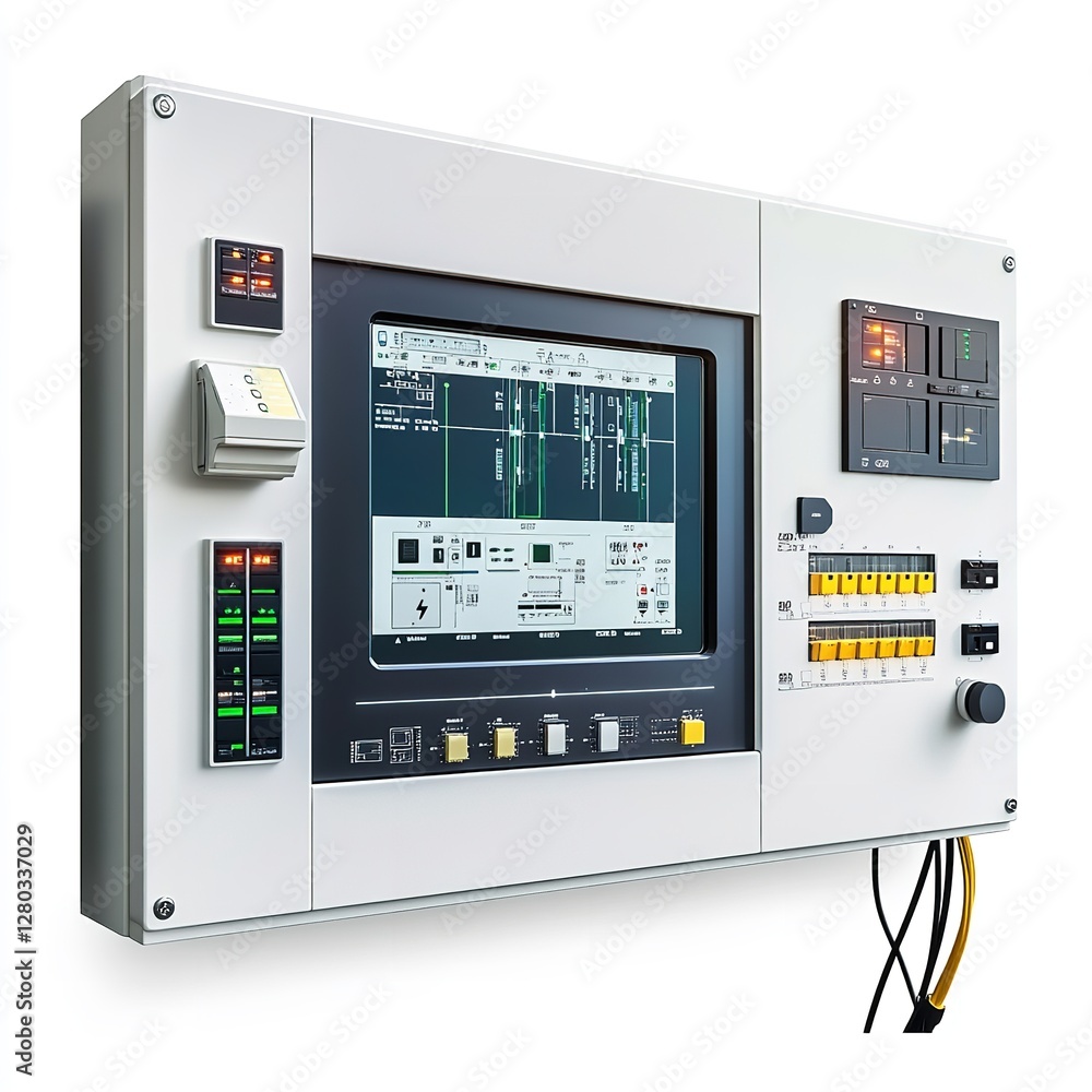 Modern Control Panel with Screen Displaying Schematic, Yellow and Black Connectors, and Various Buttons and Switches for Monitoring and Controlling Machinery Modern Control Panel with Screen Displaying Schematic, Yellow and Black Connectors, and Various Buttons and Switches for Monitoring and Controlling Machinery