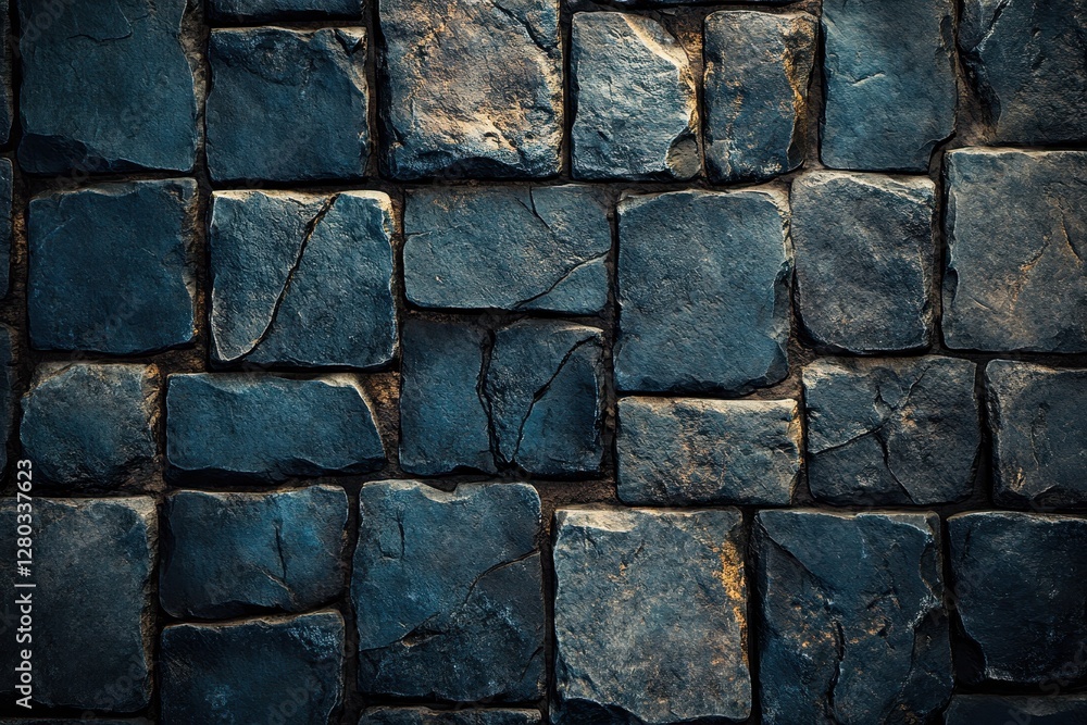 Fototapeta premium A textured stone wall background featuring irregularly shaped dark stones, suitable for graphic design, construction themes, or as a backdrop for creative projects, The design offers a rugged appeal,