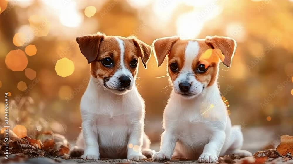 Cute puppies enjoying a sunny day in a park with autumn leaves Cute puppies enjoying a sunny day in a park with autumn leaves
