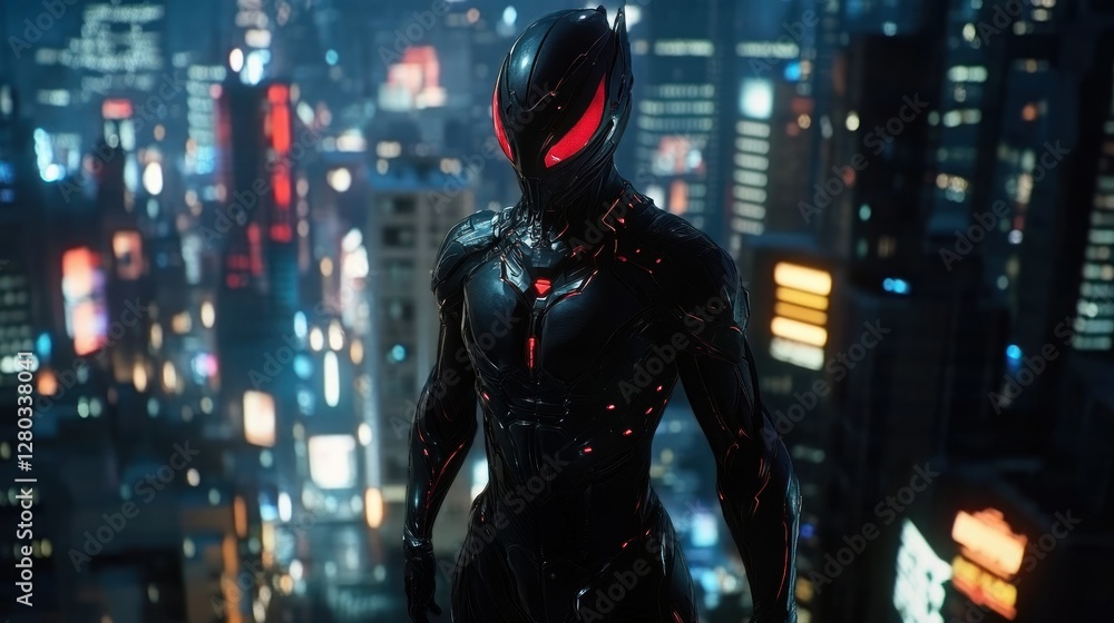 Futuristic armored figure standing on a city rooftop at night, illuminated by neon lights Futuristic armored figure standing on a city rooftop at night, illuminated by neon lights