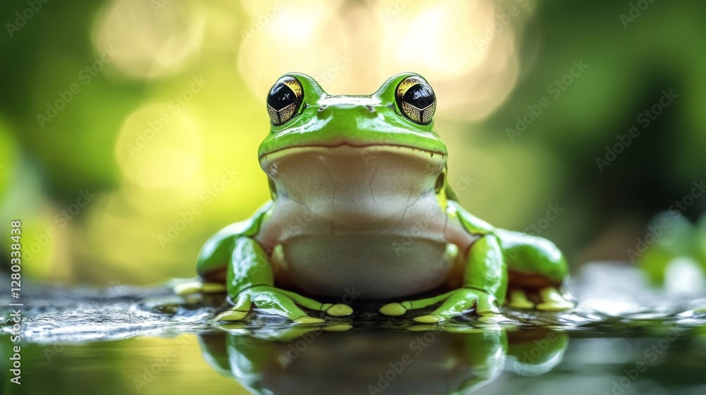 Closeup of a Bright Green Frog Near Water Closeup of a Bright Green Frog Near Water