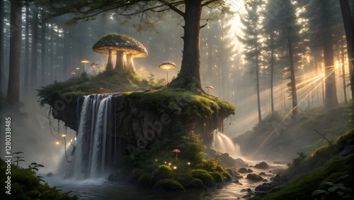 Magical Floating Island with Waterfalls and Glowing Mushrooms in Enchanted Forest