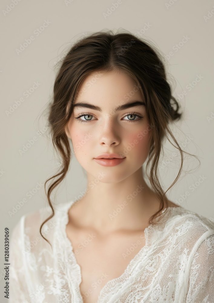 Portrait of a young woman with shoulder-length brunette hair styled in loose curls. she is wearing a white lace top with a deep v-neckline and thin straps. Portrait of a young woman with shoulder-length brunette hair styled in loose curls. she is wearing a white lace top with a deep v-neckline and thin straps.