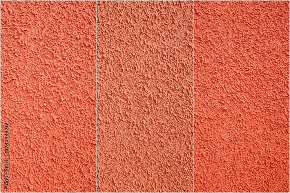 Fototapeta premium Three different shades of red are shown on a wall. The wall is covered in a textured surface, giving it a unique appearance. The colors are arranged in a row, with the lightest shade on the left