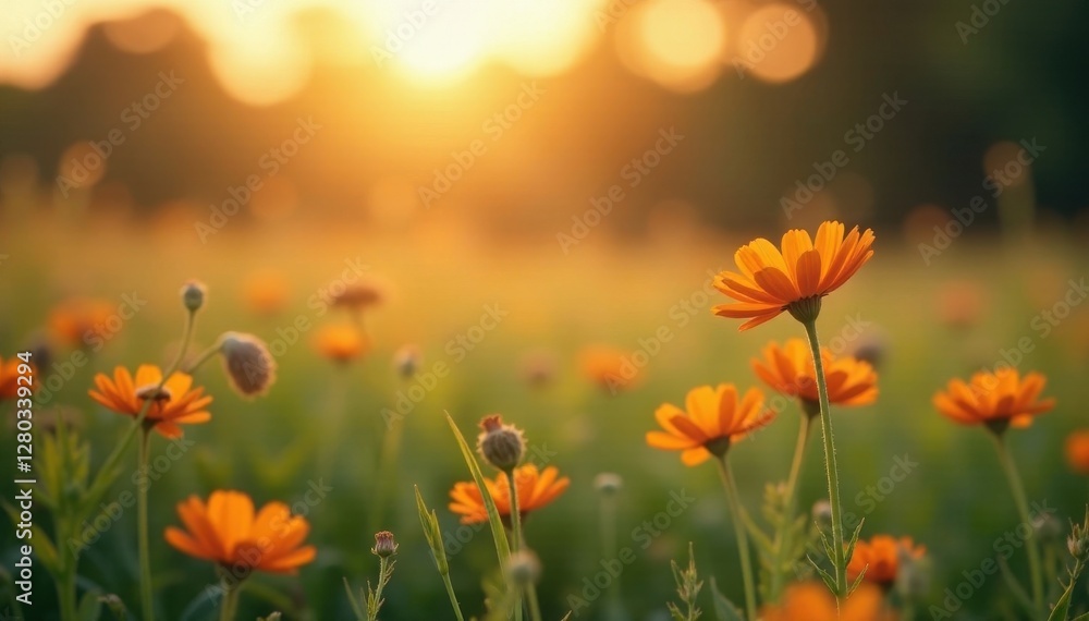 Obraz premium Soft focus meadow bathed in sunset, delicate wildflowers swaying gently , wildflowers, backdrop