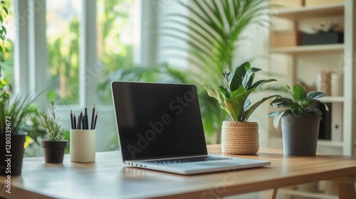 Wallpaper Mural Modern Home Office Setup with Laptop and Indoor Plants in Bright Natural Light Environment Torontodigital.ca