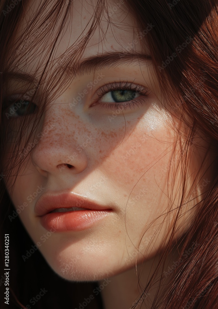 Close-up portrait of a young woman's face. she has long, dark hair that is styled in loose waves and falls over her shoulders. her eyes are a piercing blue color and her skin is a pale pink color. Close-up portrait of a young woman's face. she has long, dark hair that is styled in loose waves and falls over her shoulders. her eyes are a piercing blue color and her skin is a pale pink color.