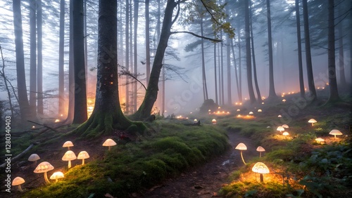Enchanted Forest with Glowing Mushrooms in a Mystical Foggy Landscape