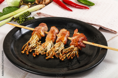 Thai Street foof satay with bacon and mushroom photo