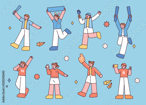 A collection of baseball fans cheering in a cute, minimal hand-drawn style. Includes enthusiastic supporters holding banners, clappers, foam fingers, and taking selfies. 