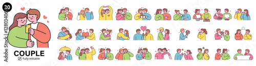 A collection of 30 couple illustrations in a cute, hand-drawn style. Romantic and friendly interactions, including hugging, taking selfies, giving gifts, and cooking together. 