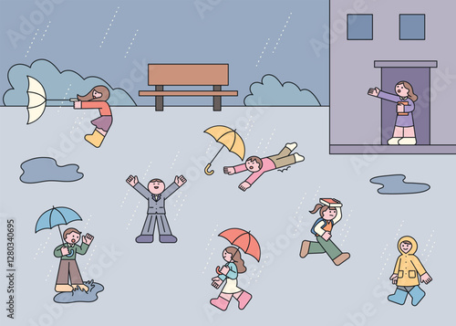 A humorous illustration of people struggling in heavy rain and wind. Characters with umbrellas, soaked clothes, and flying away due to strong weather conditions.