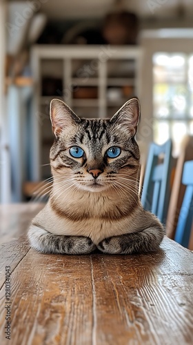 Cat sitting on table, indoor photo