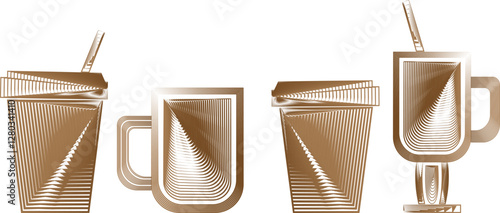 silhouettes of paper coffee cups and glass cups in linear style modern beige drinks mocha mousse, icons, web design