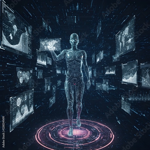 Avatar de IA futurista que interactúa con flujos de datos digitales en el ciberespacio