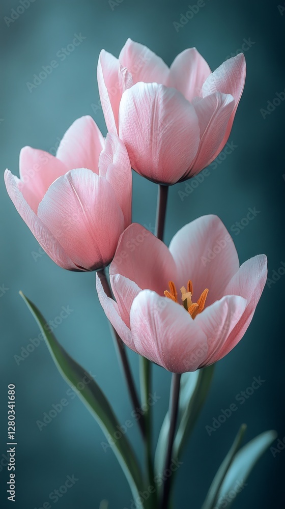 Fototapeta premium Pink tulips blooming on teal background in spring