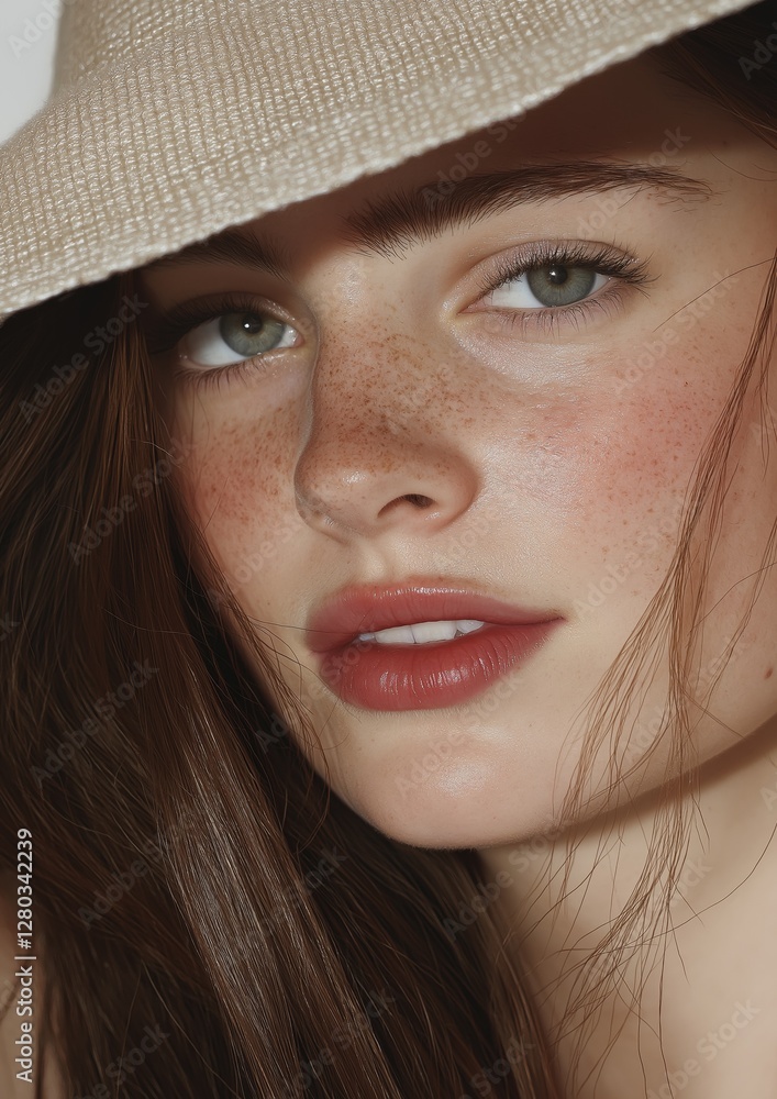 Close-up portrait of a young woman's face. she is wearing a beige hat with a wide brim and her hair is styled in loose waves. her eyes are blue and her skin is fair. Close-up portrait of a young woman's face. she is wearing a beige hat with a wide brim and her hair is styled in loose waves. her eyes are blue and her skin is fair.