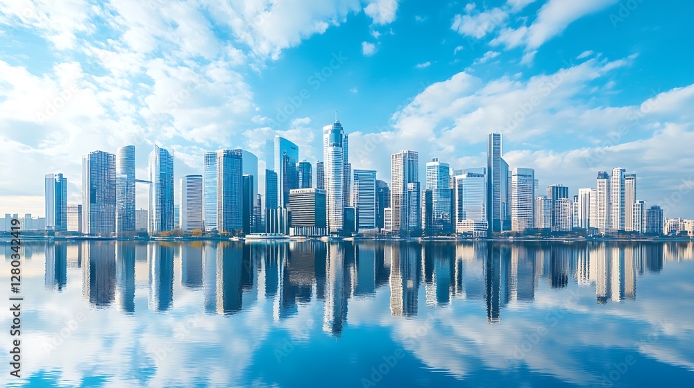Fototapeta premium Cityscape Reflection: Modern Metropolis Skyline Mirrored in Calm Waters