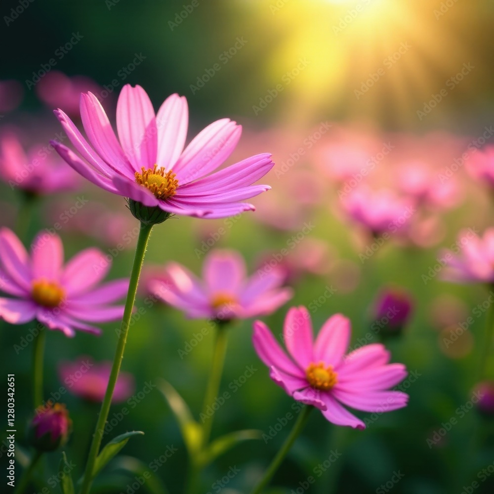 Cosmos flowers in a lush garden, soft sunlight filtering through , texture, spring Cosmos flowers in a lush garden, soft sunlight filtering through , texture, spring