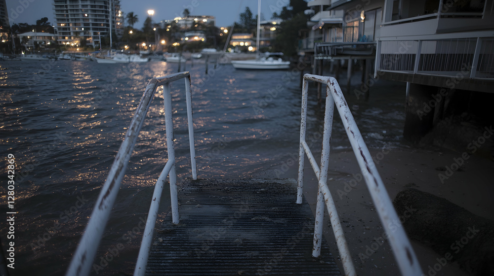 Waterfront steps at dusk, houses, boats, calm water. Perfect for travel websites Waterfront steps at dusk, houses, boats, calm water. Perfect for travel websites