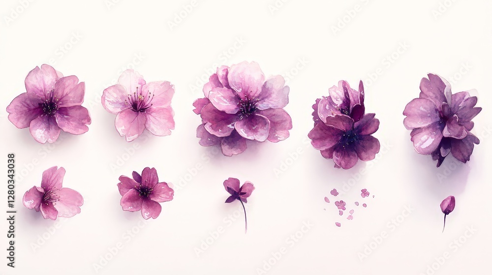 A collection of pink flowers arranged artistically on a light background. A collection of pink flowers arranged artistically on a light background.