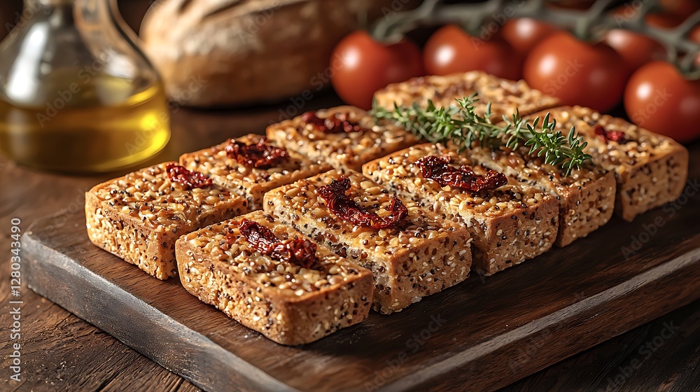 Assorted toasted bread slices with sun-dried tomatoes arranged on a wooden board Assorted toasted bread slices with sun-dried tomatoes arranged on a wooden board