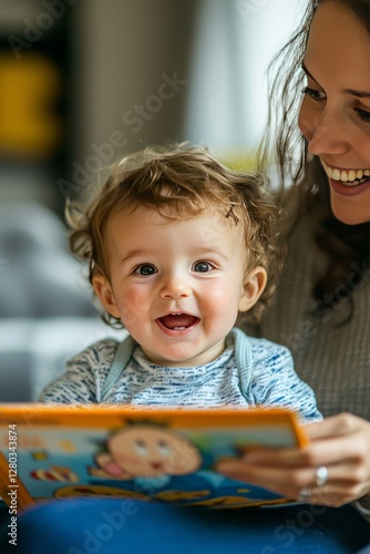 A toddler flips through a board book, babbling excitedly at the pictures. His mother sits beside him, smiling at his enthus