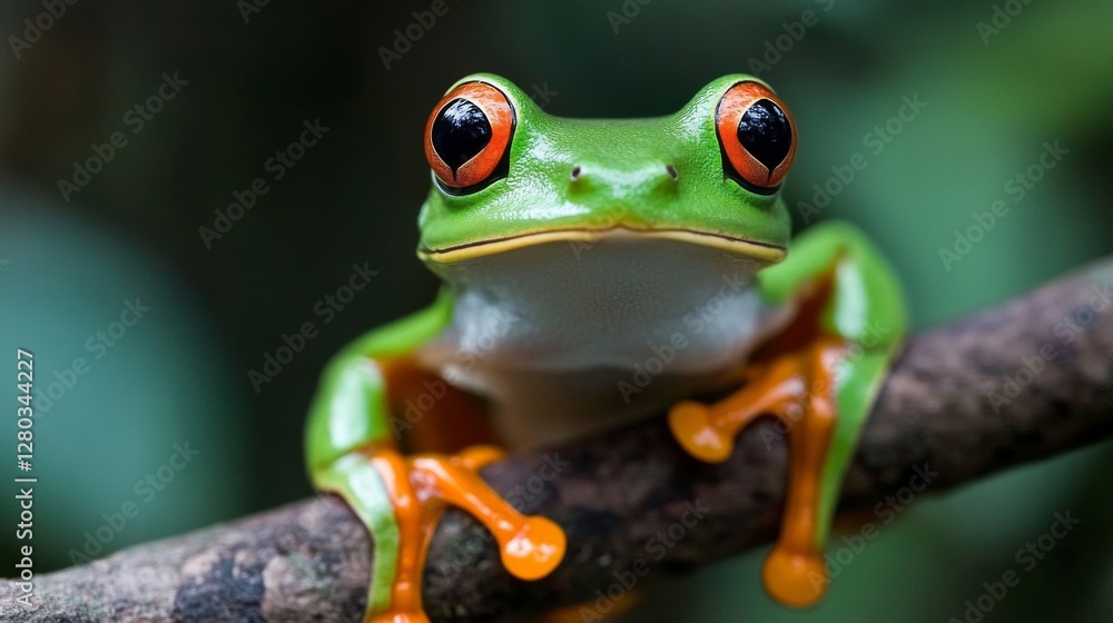 Closeup of a Vibrant Green Frog with Red Eyes Perched on a Branch Closeup of a Vibrant Green Frog with Red Eyes Perched on a Branch