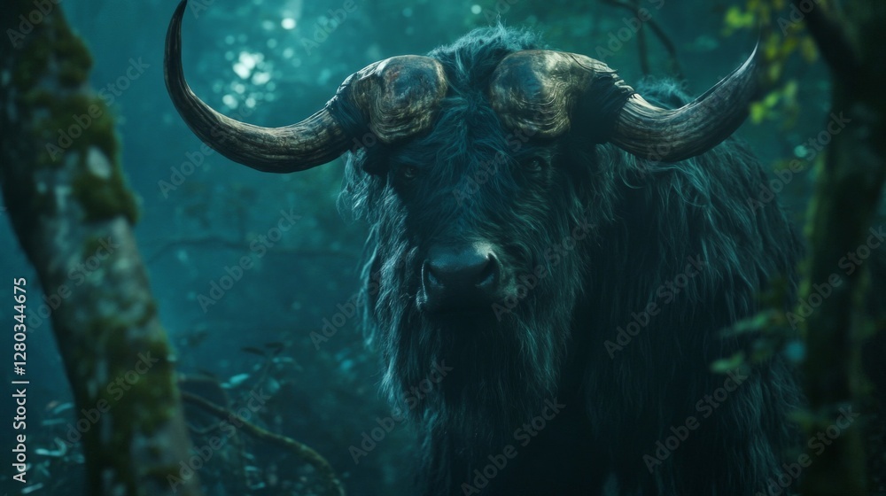 Naklejka premium Dark Forest Buffalo: A Mystical Creature in a Tropical Setting