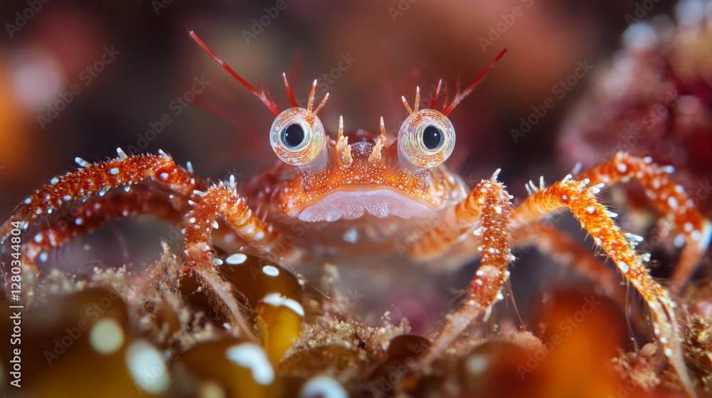 Close-Up of a Small Red Spiny Crab in an Underwater Habitat Close-Up of a Small Red Spiny Crab in an Underwater Habitat