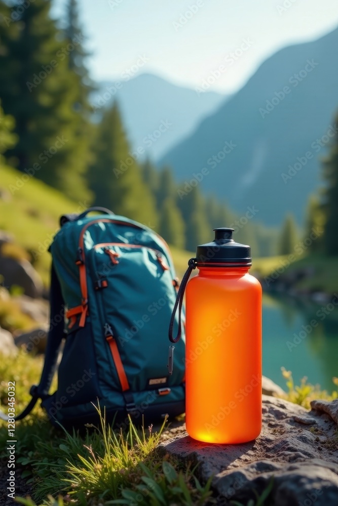 Hydration bottle and backpack in scenic natural setting, sustainable, trees Hydration bottle and backpack in scenic natural setting, sustainable, trees