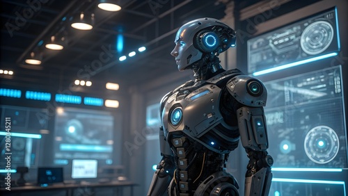 Futuristic AI Robot in High-Tech Control Room