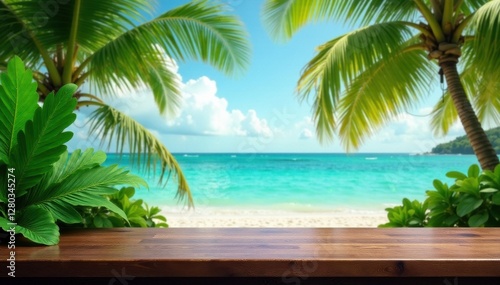 Polished dark wood bar top, lush palm leaves, tropical beach backdrop, style, counter