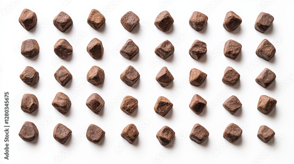 Arrangement of uniform brown chocolate pieces on a clean white background, ideal for confectionery use Arrangement of uniform brown chocolate pieces on a clean white background, ideal for confectionery use