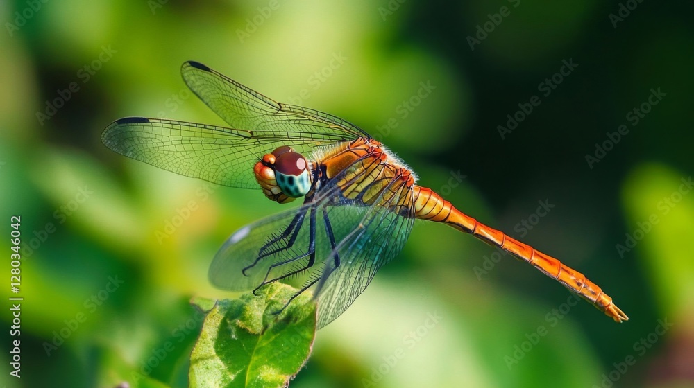 Closeup of a Red And Orange Dragonfly on a Green Leaf Closeup of a Red And Orange Dragonfly on a Green Leaf