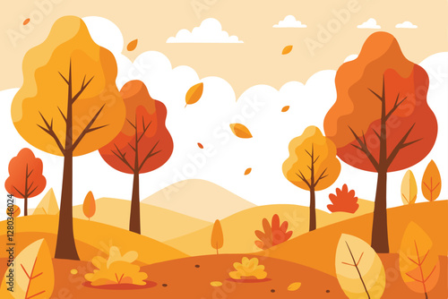 Colorful Autumn Landscape with Trees and Falling Leaves