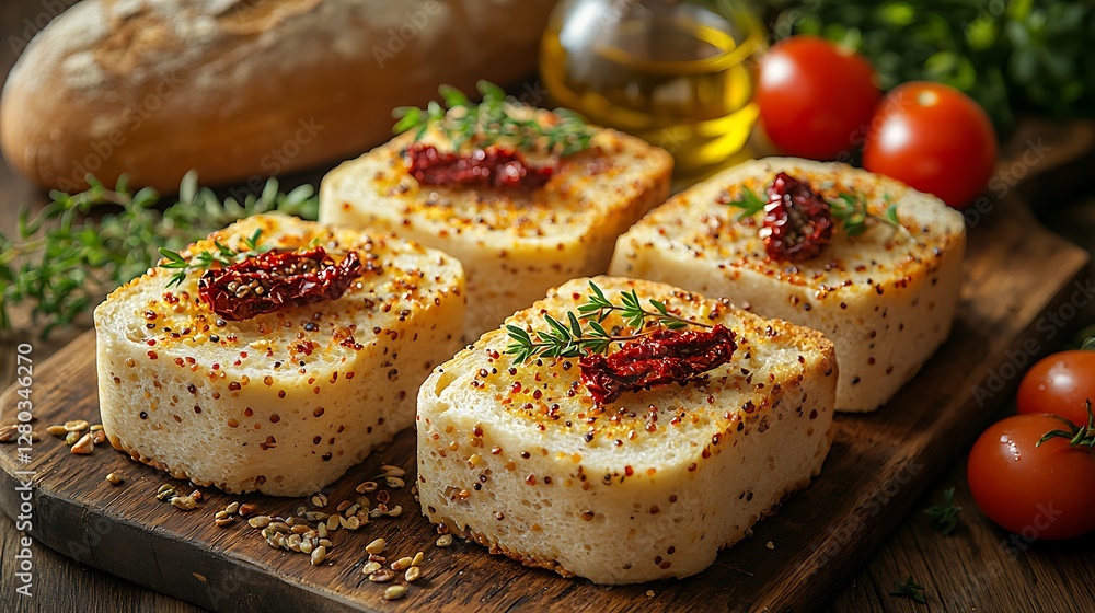 Toasted bread slices with sun-dried tomatoes and herbs on wooden board, closeup Toasted bread slices with sun-dried tomatoes and herbs on wooden board, closeup