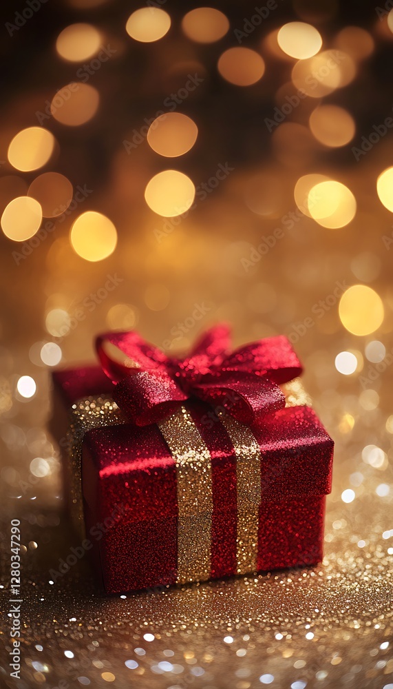 Red Gift Box with Gold Ribbon in Festive Lights Red Gift Box with Gold Ribbon in Festive Lights
